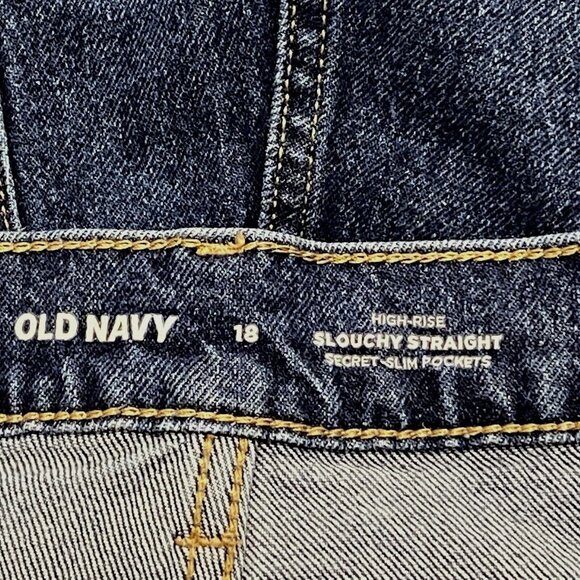 Old Navy Slouchy Straight Jeans Womens Size 18 Blue Distressed Raw Hem High Rise - Picture 5 of 6